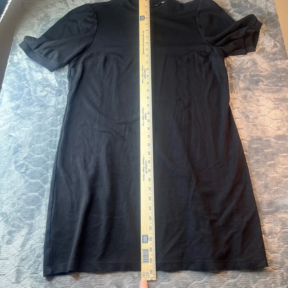 LOFT Black Mock Neck Puff Sleeve Ponte Sheath Dress Size 14 Short Sleeve LBD - Picture 5 of 6